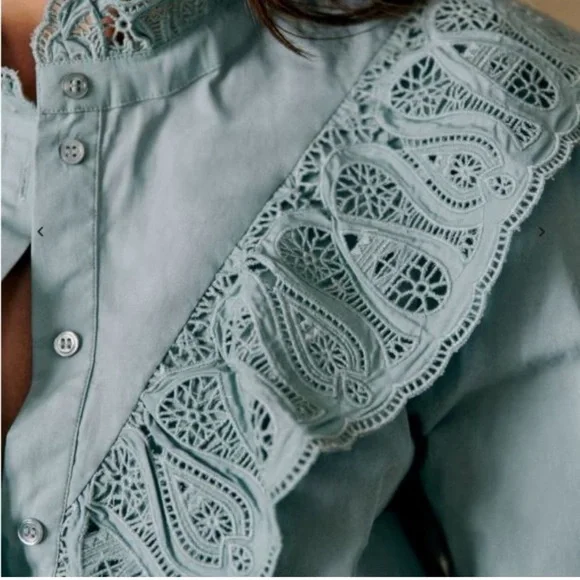 Sezane Desiree Button Down Blouse Chic Lace-Trimmed Blouse in Soft Blue - Picture 3 of 7